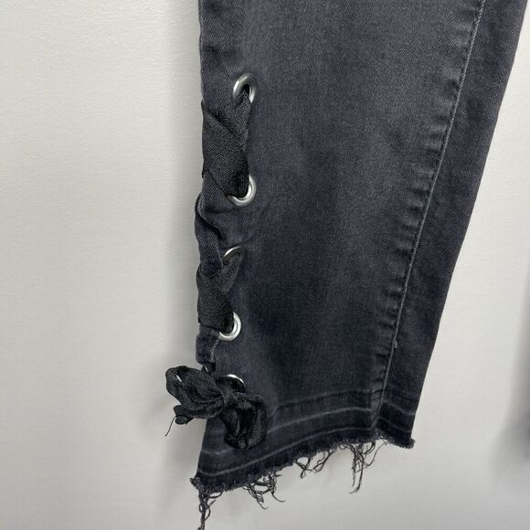 MANGO Denim Jeans Women 2 Black Corset-Tie Raw Hem Detail Slim MNG - Picture 5 of 14